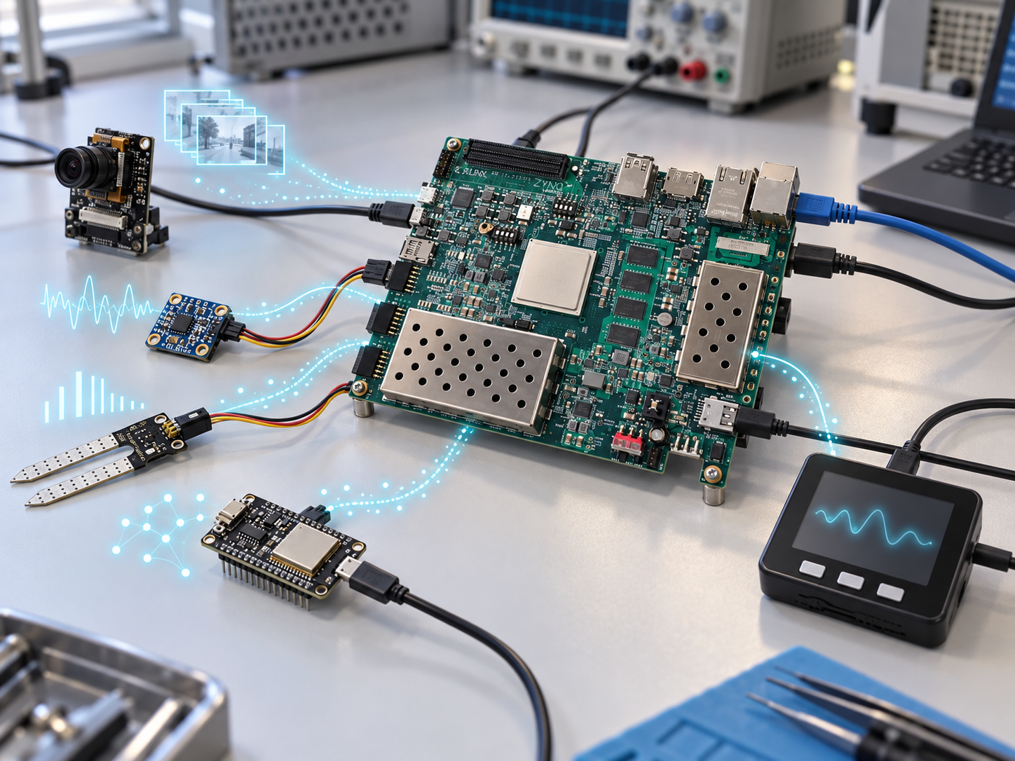 カメラ、IMU、環境センサーなどの異種データをFPGAで即時処理するエッジ知能の研究イメージ