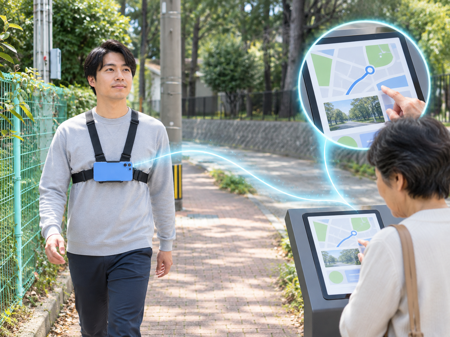 胸部装着型スマートフォンによる歩行支援と、見やすい表示による視覚支援の研究イメージ